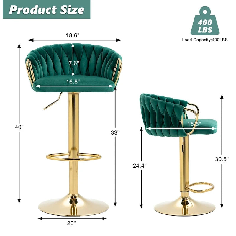 Tabouret de bar pivotant en velours, lot de 2, coloris gris / ivoire / camel / bleu marine / noir / vert foncé