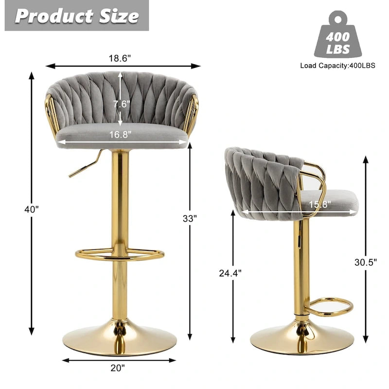 Tabouret de bar pivotant en velours, lot de 2, coloris gris / ivoire / camel / bleu marine / noir / vert foncé