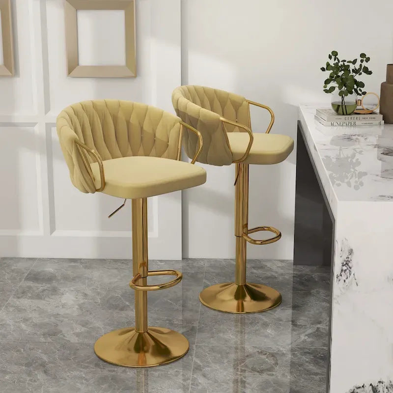 Tabouret de bar pivotant en velours, lot de 2, coloris gris / ivoire / camel / bleu marine / noir / vert foncé