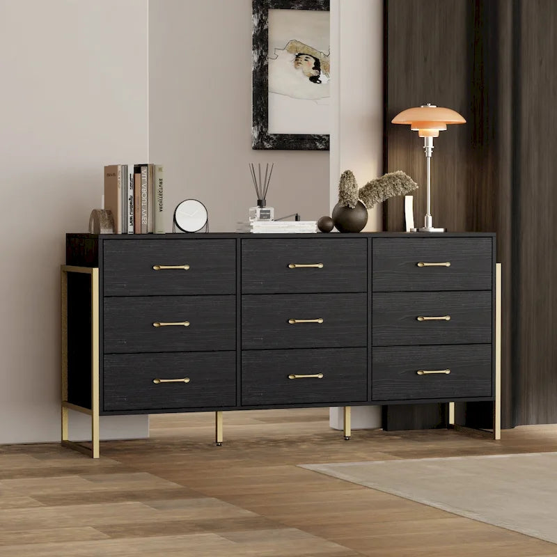 Commode polyvalente à 9 tiroirs - Noir et or élégant, meuble de rangement de qualité supérieure