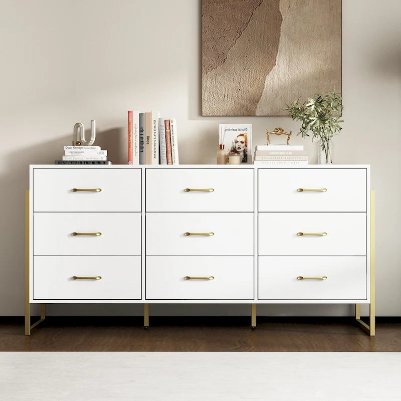 Commode polyvalente à 9 tiroirs - Noir et or élégant, meuble de rangement de qualité supérieure