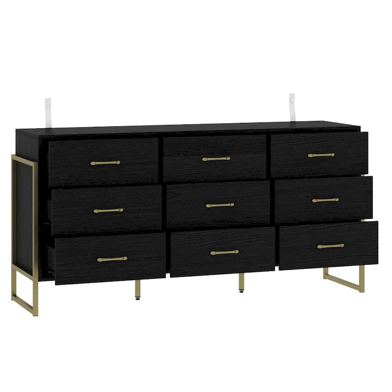 Commode polyvalente à 9 tiroirs - Noir et or élégant, meuble de rangement de qualité supérieure