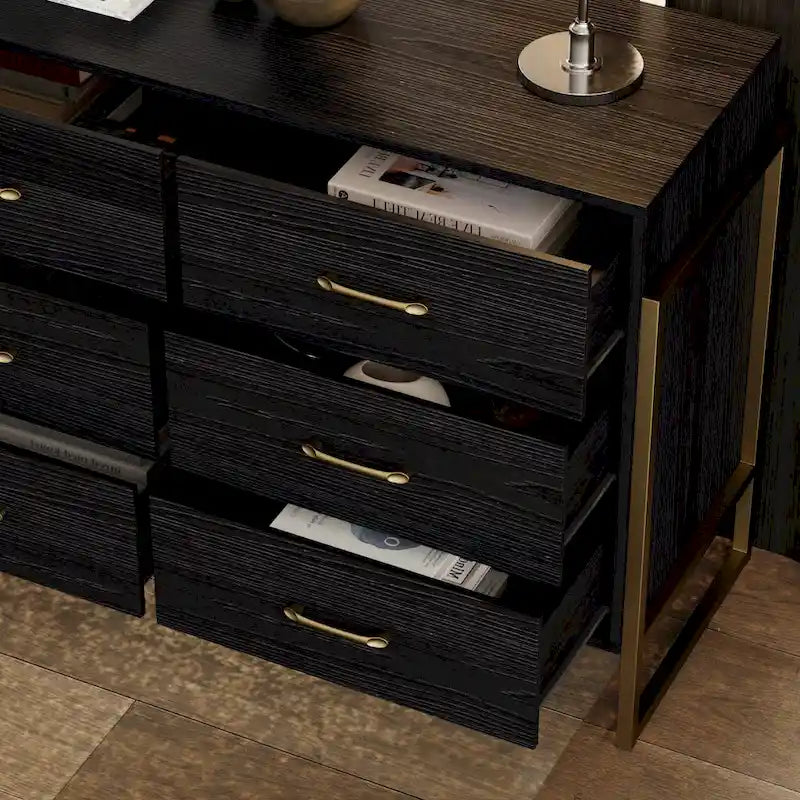 Commode polyvalente à 9 tiroirs - Noir et or élégant, meuble de rangement de qualité supérieure