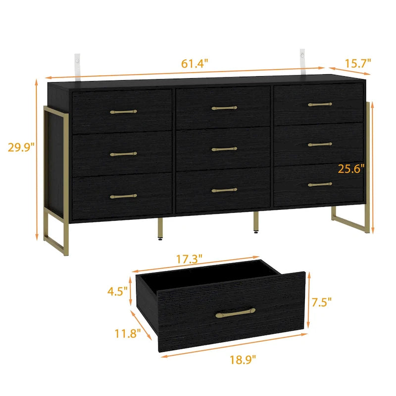 Commode polyvalente à 9 tiroirs - Noir et or élégant, meuble de rangement de qualité supérieure