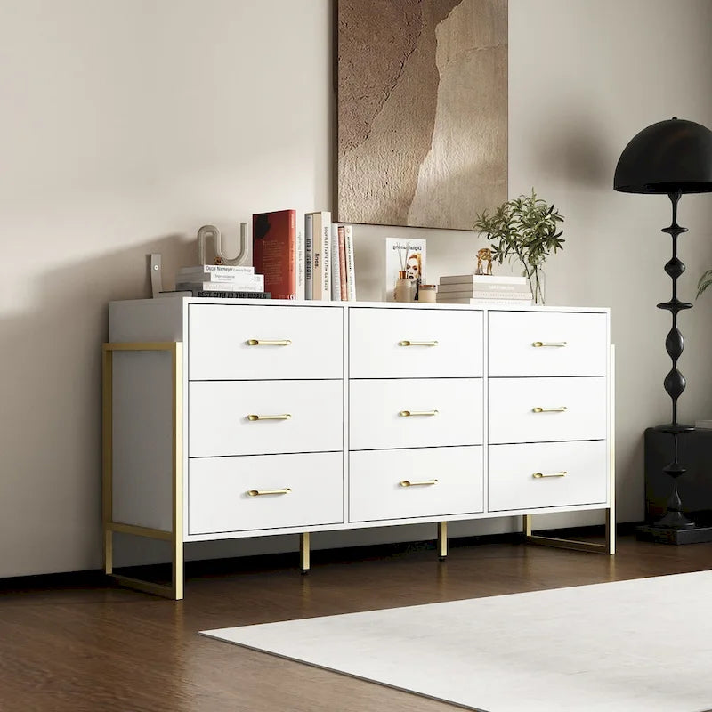 Commode polyvalente à 9 tiroirs - Noir et or élégant, meuble de rangement de qualité supérieure