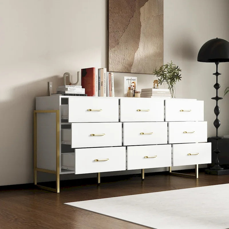 Commode polyvalente à 9 tiroirs - Noir et or élégant, meuble de rangement de qualité supérieure