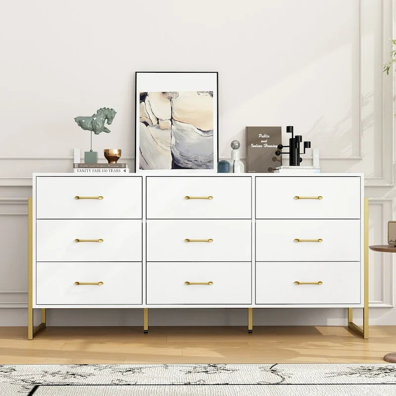 Commode polyvalente à 9 tiroirs - Noir et or élégant, meuble de rangement de qualité supérieure