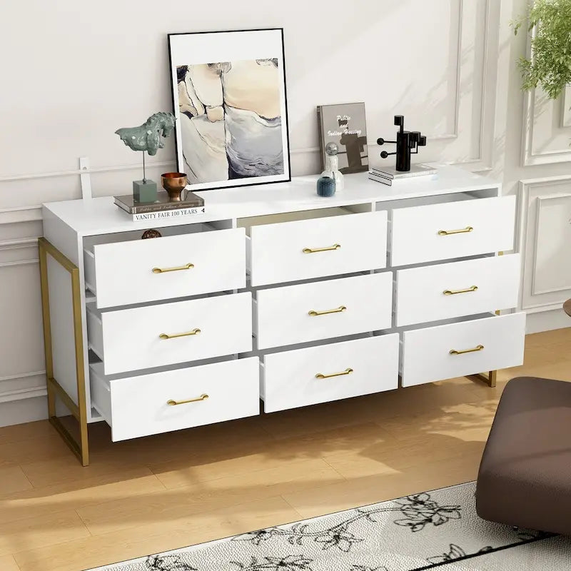 Commode polyvalente à 9 tiroirs - Noir et or élégant, meuble de rangement de qualité supérieure