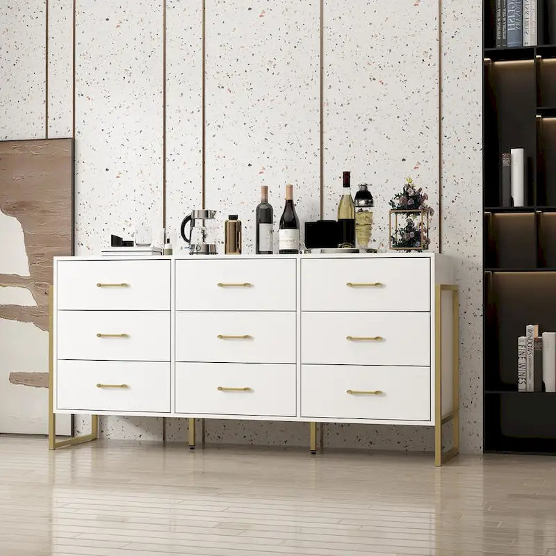 Commode polyvalente à 9 tiroirs - Noir et or élégant, meuble de rangement de qualité supérieure