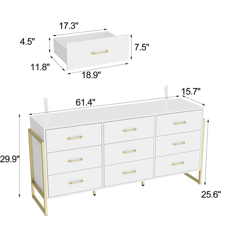 Commode polyvalente à 9 tiroirs - Noir et or élégant, meuble de rangement de qualité supérieure