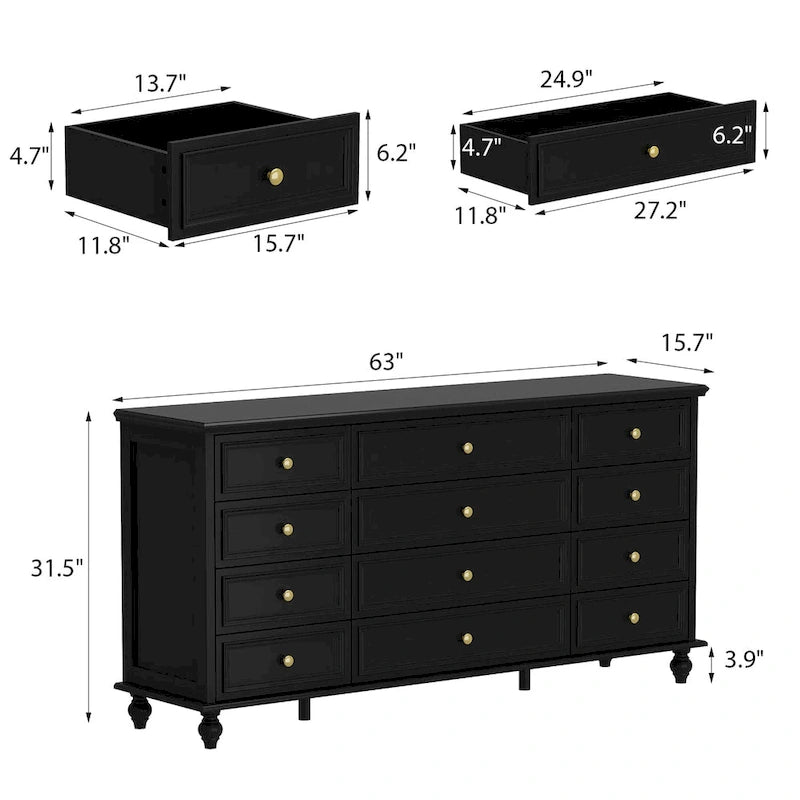 Commode en bois 63W, rangement de chambre, organisateur de tiroirs de placard, 12 tiroirs