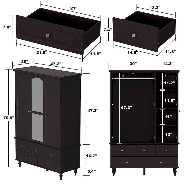 47.2 Armoires Laquées Penderies Avec Porte Miroir 5 Tiroirs Blanches