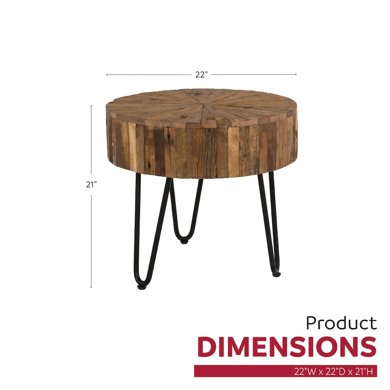 Table d'appoint ronde Sawyer de 22 po en bois recyclé avec pieds en épingle à cheveux noirs