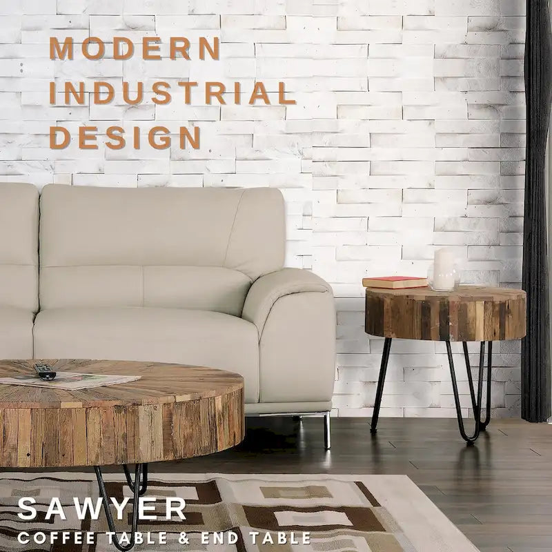 Table d'appoint ronde Sawyer de 22 po en bois recyclé avec pieds en épingle à cheveux noirs