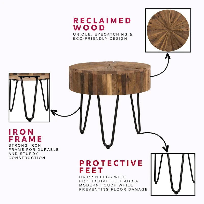 Table d'appoint ronde Sawyer de 22 po en bois recyclé avec pieds en épingle à cheveux noirs