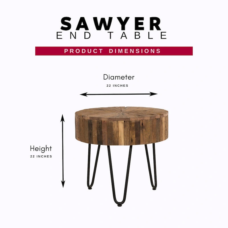 Table d'appoint ronde Sawyer de 22 po en bois recyclé avec pieds en épingle à cheveux noirs