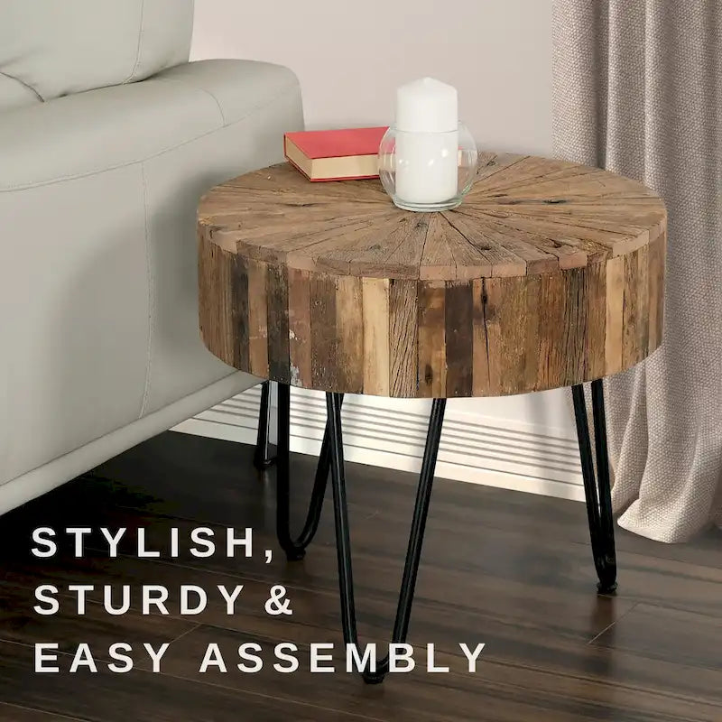 Table d'appoint ronde Sawyer de 22 po en bois recyclé avec pieds en épingle à cheveux noirs