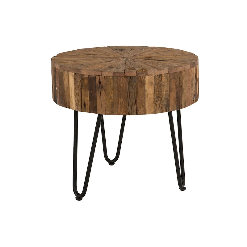 Table d'appoint ronde Sawyer de 22 po en bois recyclé avec pieds en épingle à cheveux noirs