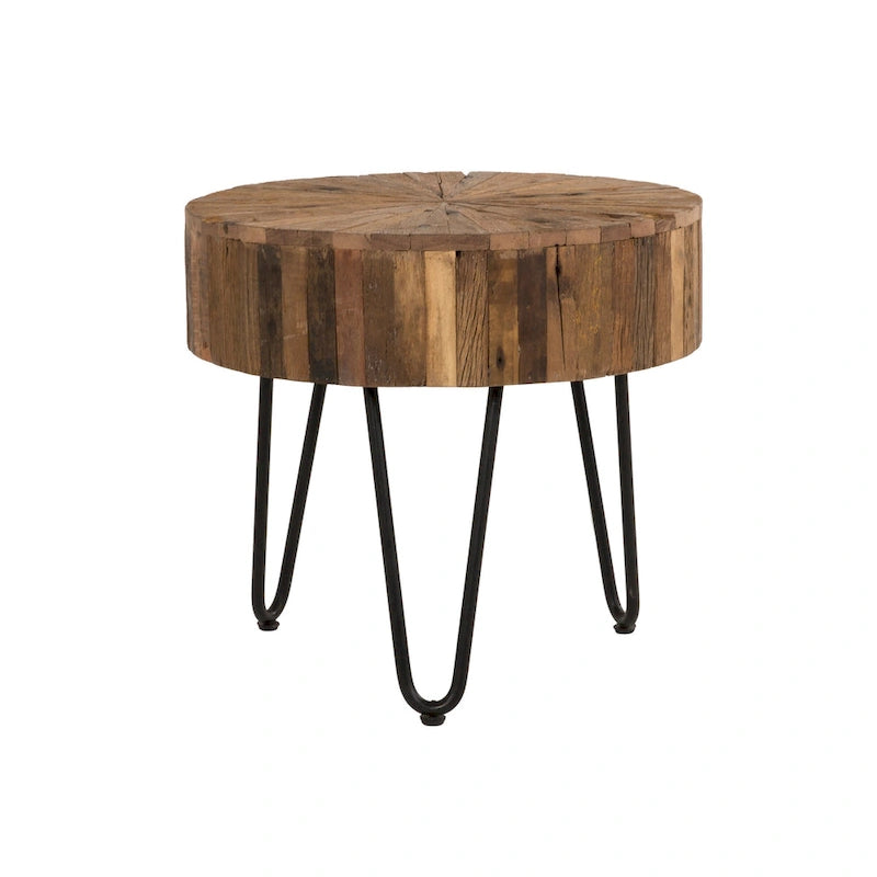 Table d'appoint ronde Sawyer de 22 po en bois recyclé avec pieds en épingle à cheveux noirs