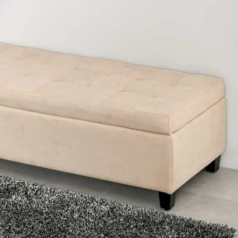 Banc de rangement, banc de bout de lit, coffre de rangement en tissu de lin avec couvercle relevable, pouf capitonné avec rangement pour le salon
