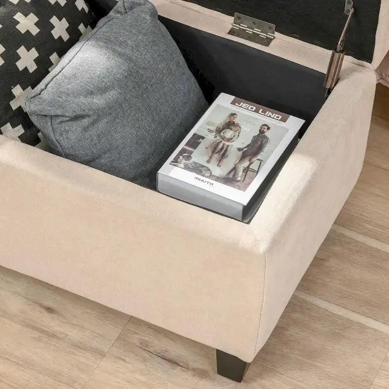 Banc de rangement, banc de bout de lit, coffre de rangement en tissu de lin avec couvercle relevable, pouf capitonné avec rangement pour le salon