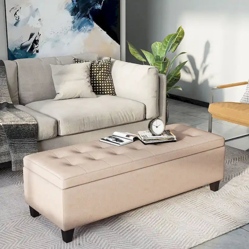 Banc de rangement, banc de bout de lit, coffre de rangement en tissu de lin avec couvercle relevable, pouf capitonné avec rangement pour le salon