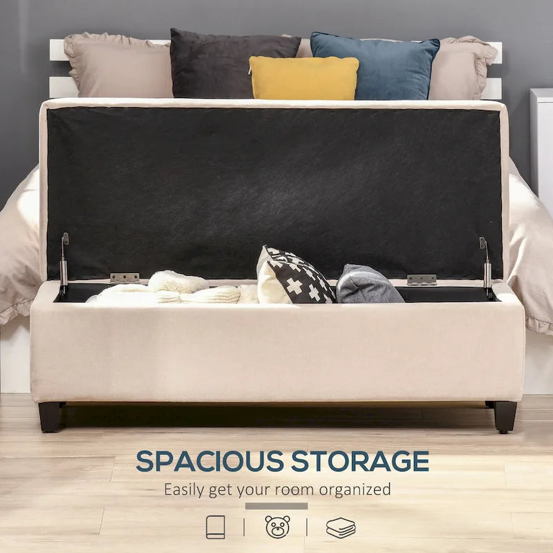 Banc de rangement, banc de bout de lit, coffre de rangement en tissu de lin avec couvercle relevable, pouf capitonné avec rangement pour le salon