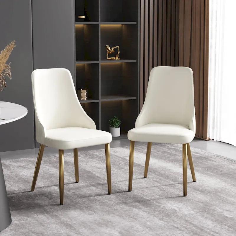 Chaise de salle à manger à dossier haut, blanc et or, similicuir, lot de 2