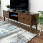 Meuble TV Bruno de style Mid-Century Modern en noyer avec 6 armoires de rangement, meuble TV bas en bois