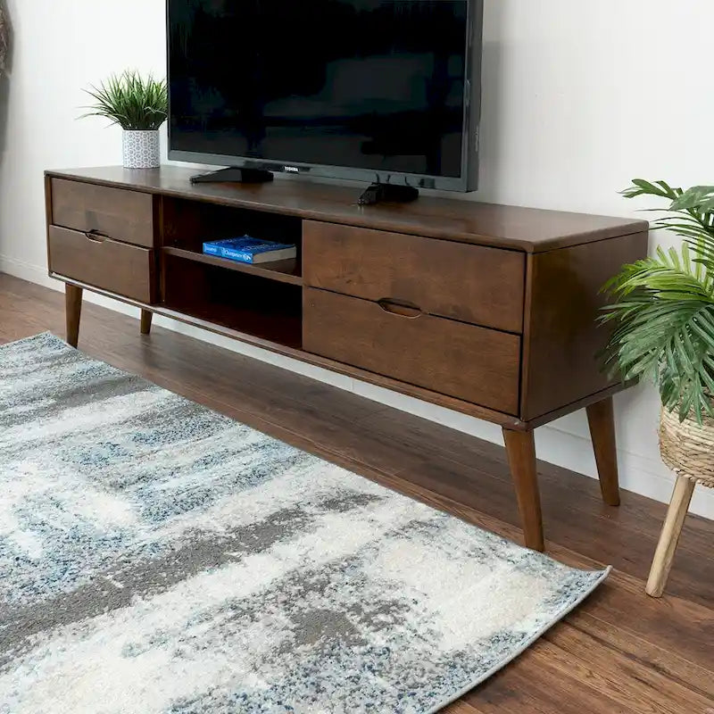 Meuble TV Bruno de style Mid-Century Modern en noyer avec 6 armoires de rangement, meuble TV bas en bois