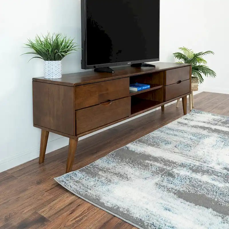 Meuble TV Bruno de style Mid-Century Modern en noyer avec 6 armoires de rangement, meuble TV bas en bois