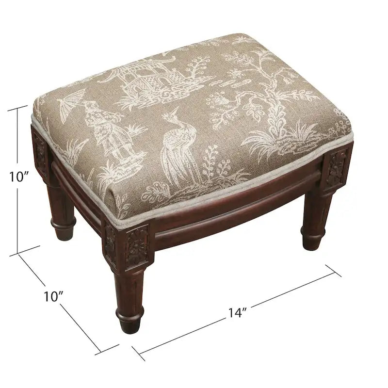 Repose-pieds taupe en chinoiserie avec finition en bois teinté