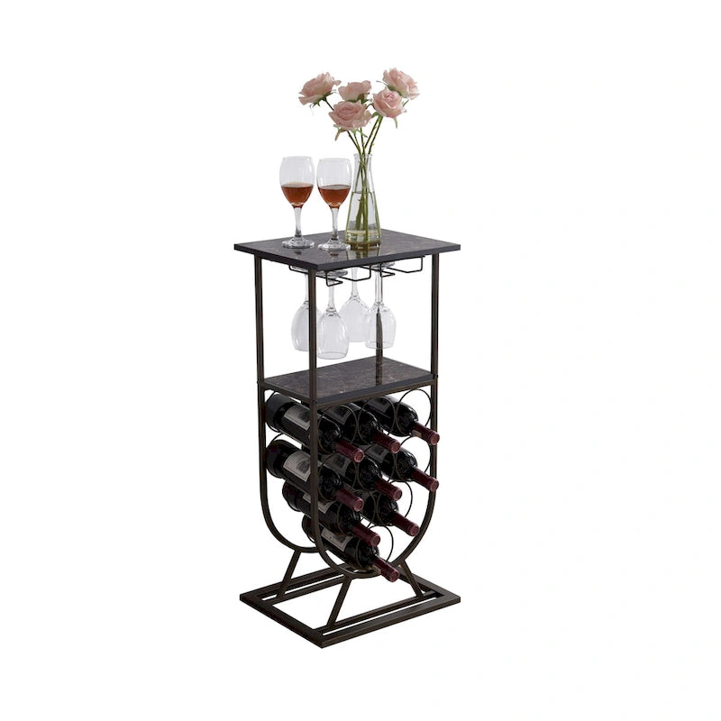 Table console porte-bouteilles autoportante avec porte-verres, range-bouteilles 9 bouteilles, étain/marbre