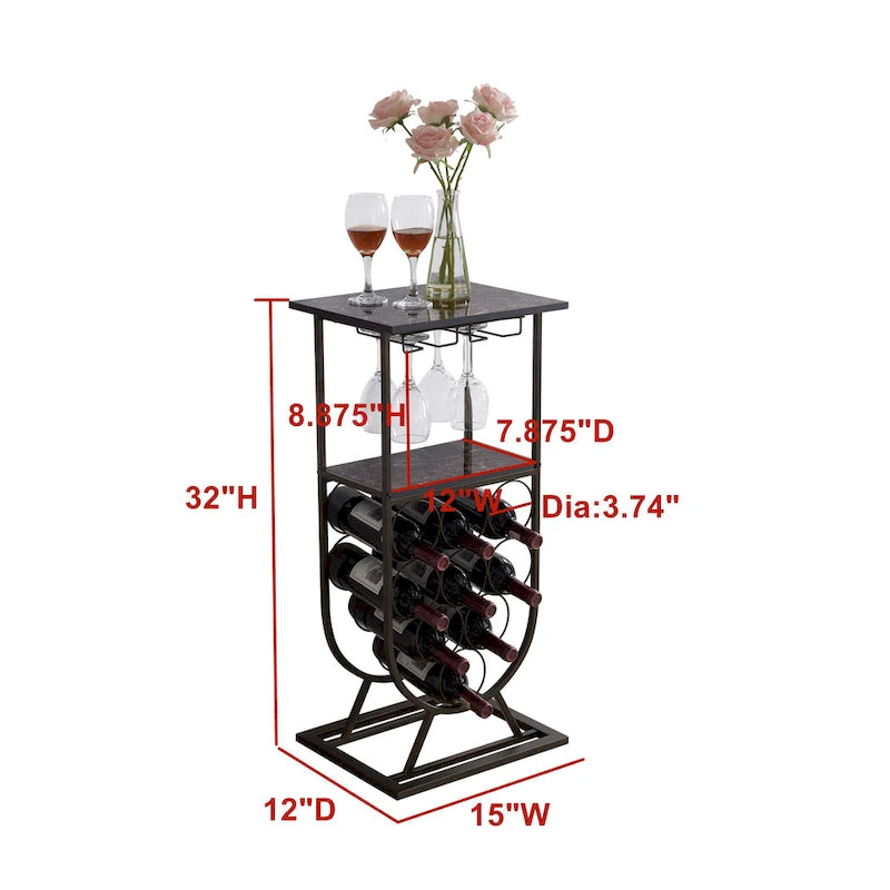 Table console porte-bouteilles autoportante avec porte-verres, range-bouteilles 9 bouteilles, étain/marbre