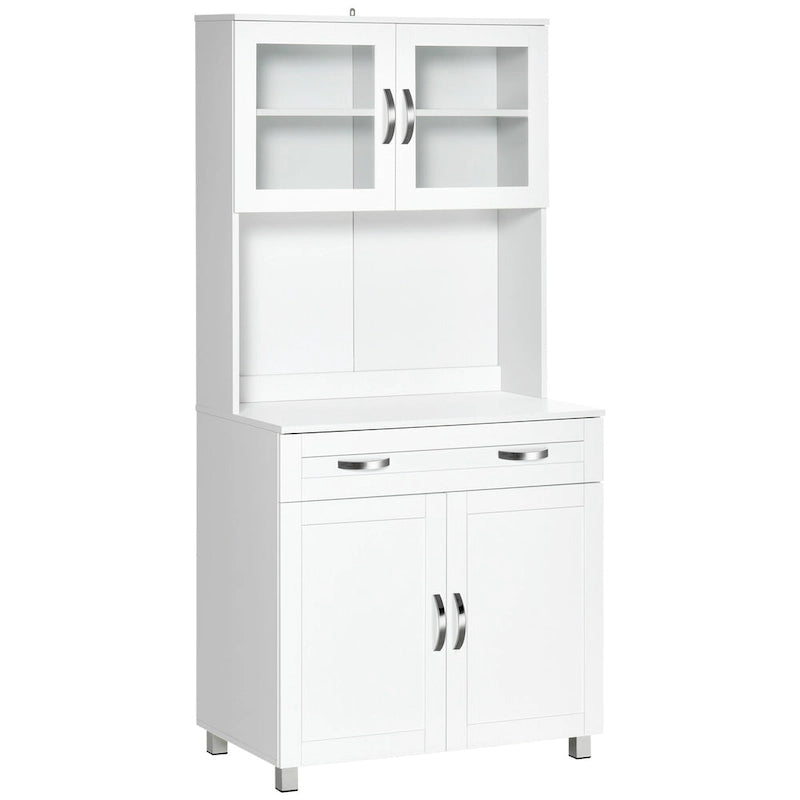 Meuble de cuisine moderne HOMCOM avec buffet, armoire avec portes en verre encadrées et étagères, blanc