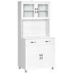Meuble de cuisine moderne HOMCOM avec buffet, armoire avec portes en verre encadrées et étagères, blanc
