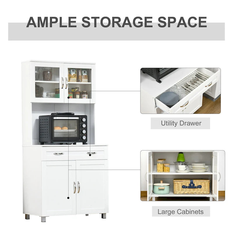 Meuble de cuisine moderne HOMCOM avec buffet, armoire avec portes en verre encadrées et étagères, blanc