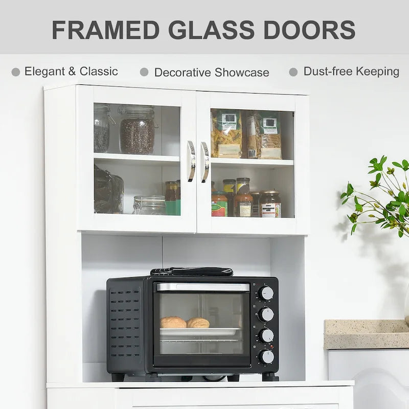 Meuble de cuisine moderne HOMCOM avec buffet, armoire avec portes en verre encadrées et étagères, blanc