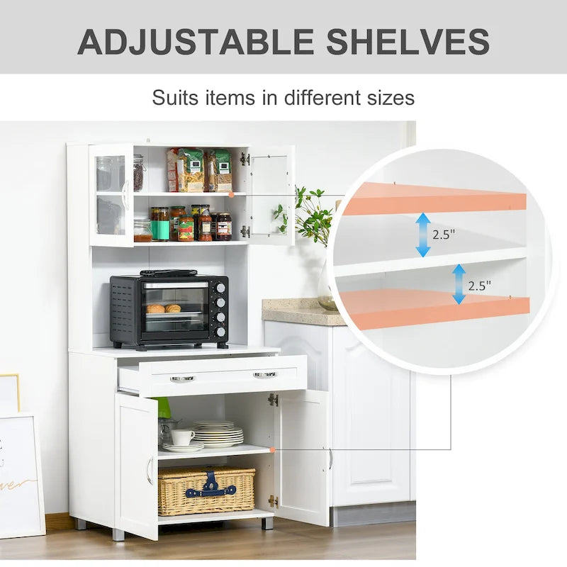 Meuble de cuisine moderne HOMCOM avec buffet, armoire avec portes en verre encadrées et étagères, blanc