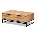 Table basse moderne chêne et noir avec 2 tiroirs et une étagère ouverte
