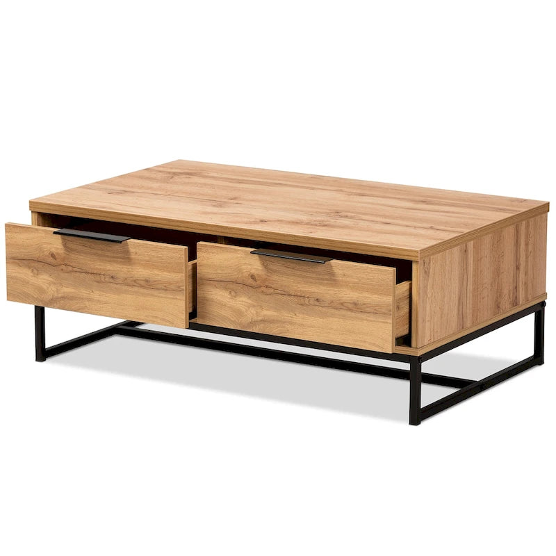 Table basse moderne chêne et noir avec 2 tiroirs et une étagère ouverte