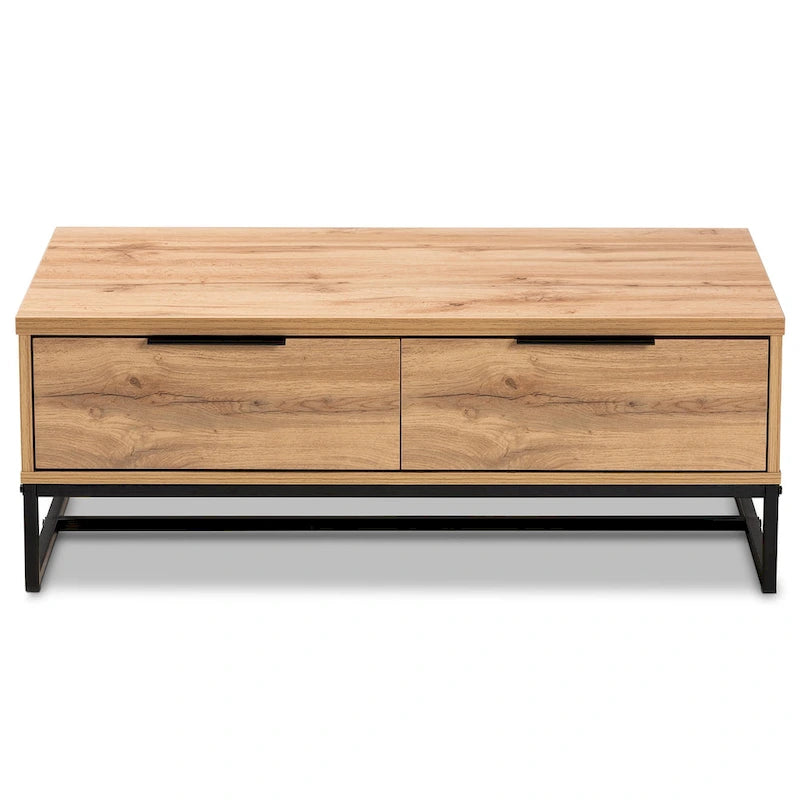 Table basse moderne chêne et noir avec 2 tiroirs et une étagère ouverte