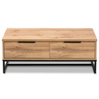 Table basse moderne chêne et noir avec 2 tiroirs et une étagère ouverte