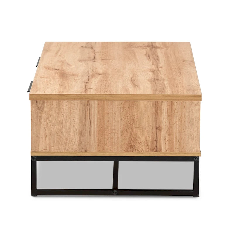Table basse moderne chêne et noir avec 2 tiroirs et une étagère ouverte
