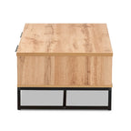 Table basse moderne chêne et noir avec 2 tiroirs et une étagère ouverte