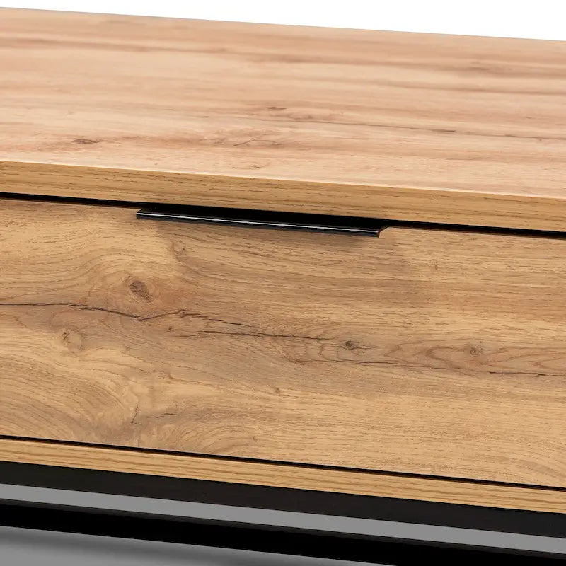 Table basse moderne chêne et noir avec 2 tiroirs et une étagère ouverte
