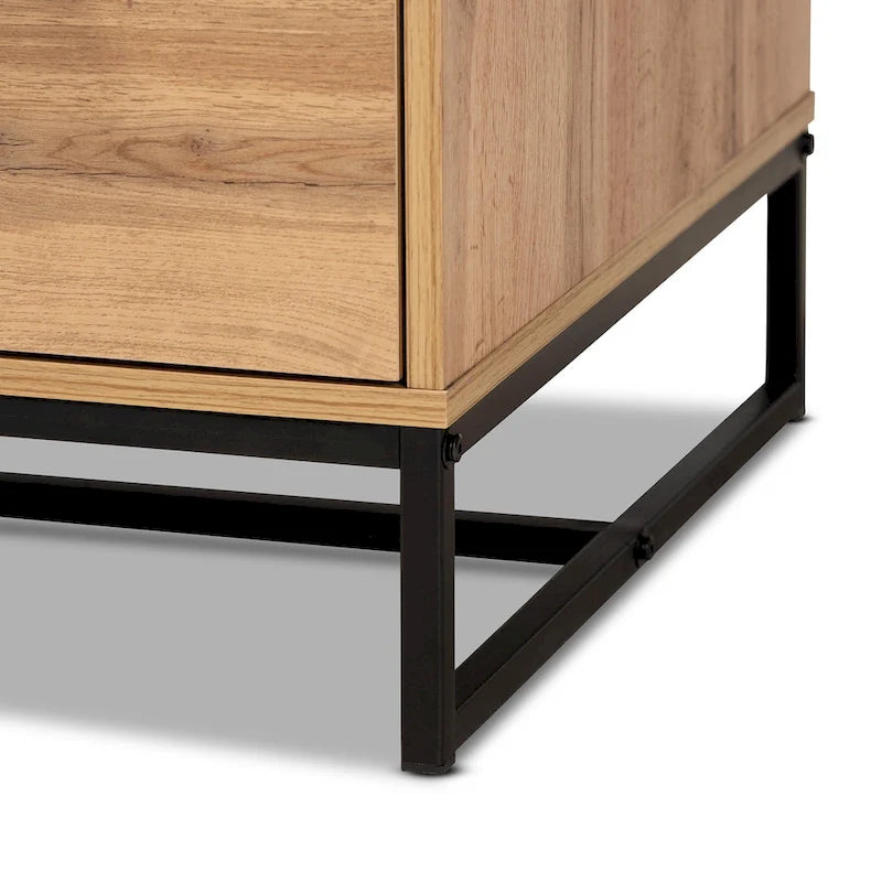 Table basse moderne chêne et noir avec 2 tiroirs et une étagère ouverte