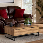 Table basse moderne chêne et noir avec 2 tiroirs et une étagère ouverte