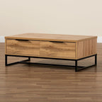 Table basse moderne chêne et noir avec 2 tiroirs et une étagère ouverte
