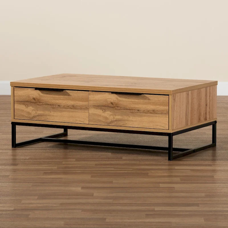 Table basse moderne chêne et noir avec 2 tiroirs et une étagère ouverte